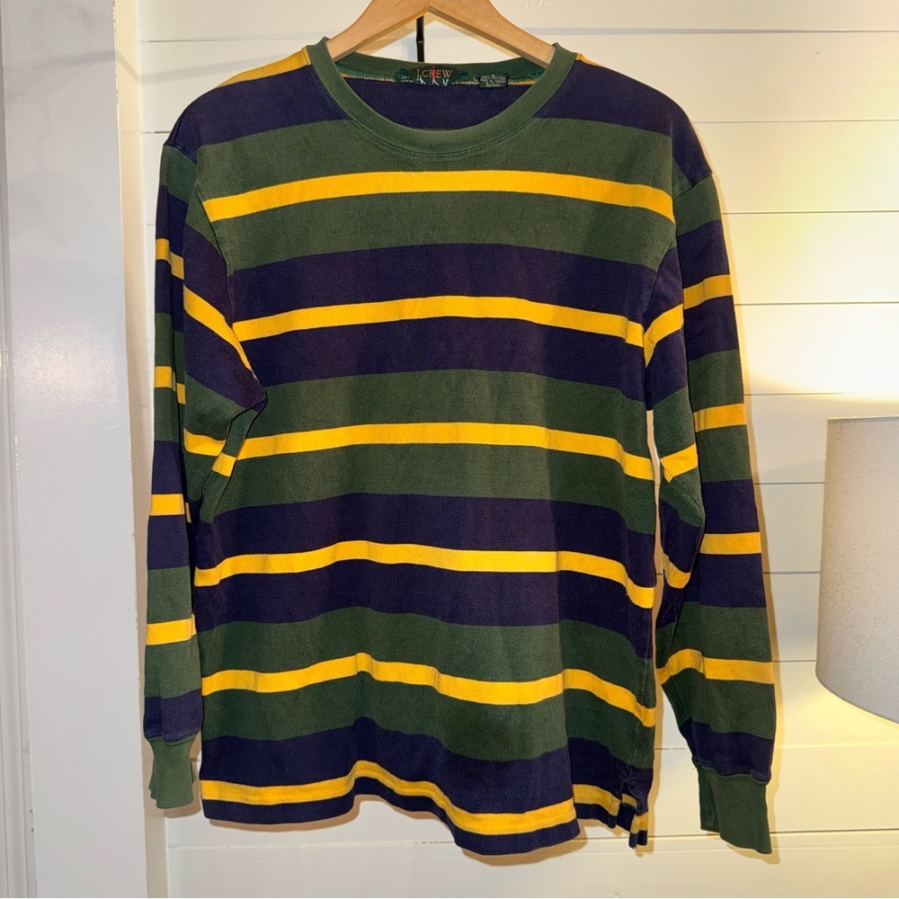 J. Crew? Striped Long Sleeve Shirt - Green, Yellow, and Navy Blue. Adult Large.